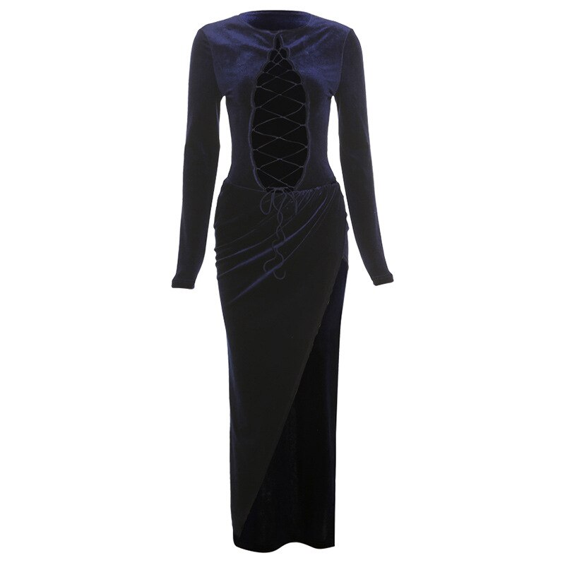 Black Long Sleeve Hollow Bandage Slit Maxi Dress