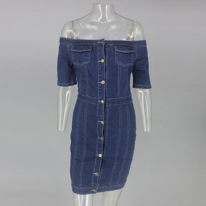 Denim Off Shoulder Short Sleeve Button Bodycon Dress