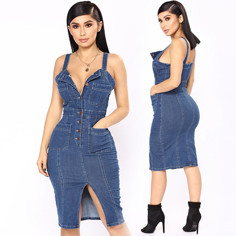 Denim Sleeveless Button Up Midi Dress