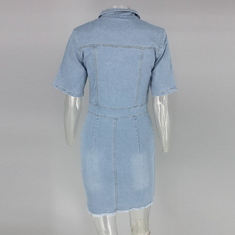 Denim Button Short Sleeve Mini Dresses