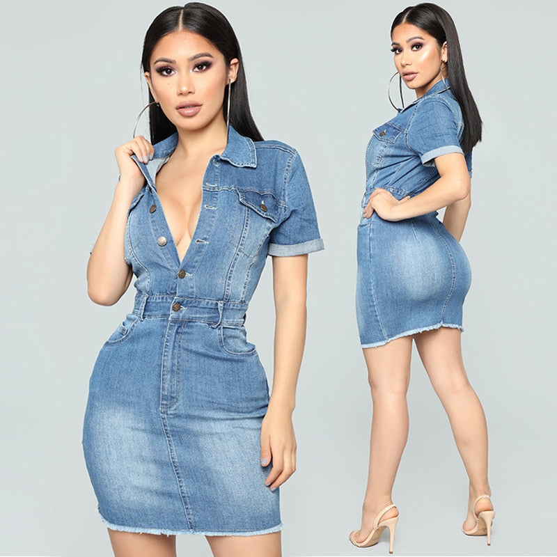 Denim Button Short Sleeve Mini Dresses