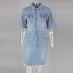 Denim Button Short Sleeve Mini Dresses