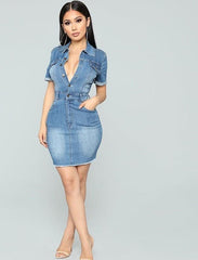 Denim Button Short Sleeve Mini Dresses