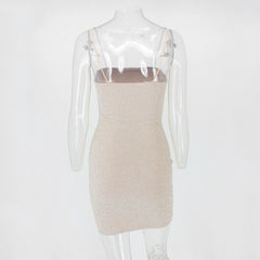 Beige Sparkle Backless Spaghetti Strap Mini Dress