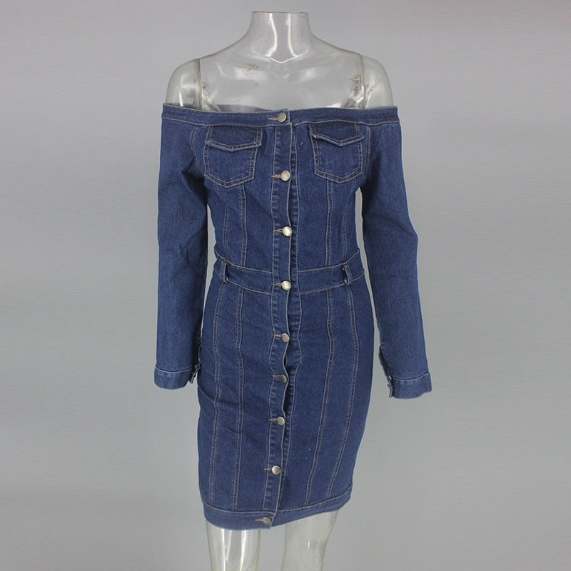 Denim Off Shoulder Long Sleeve Button Up Dress