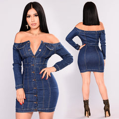 Denim Off Shoulder Long Sleeve Button Up Dress