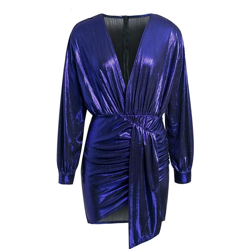 Metallic Satin Long Sleeve deep V Mini Dresses