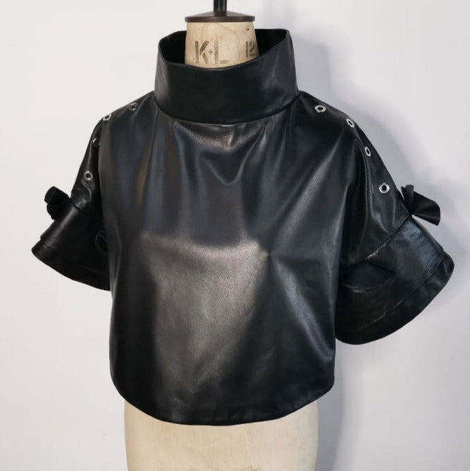 Genuine Leather Batwing Short Sleeve Crop Oversized Pullover