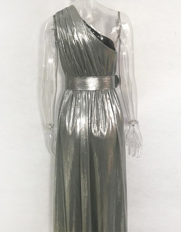 Silver One Shoulder Belted Maxi Dress