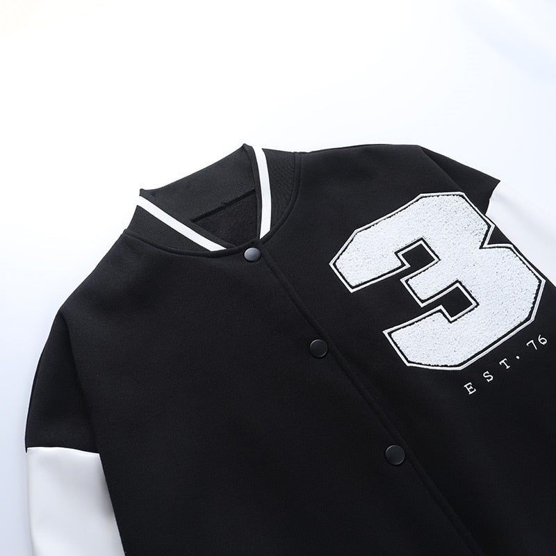 Black Embroidery Baseball Jacket With White Sleeves