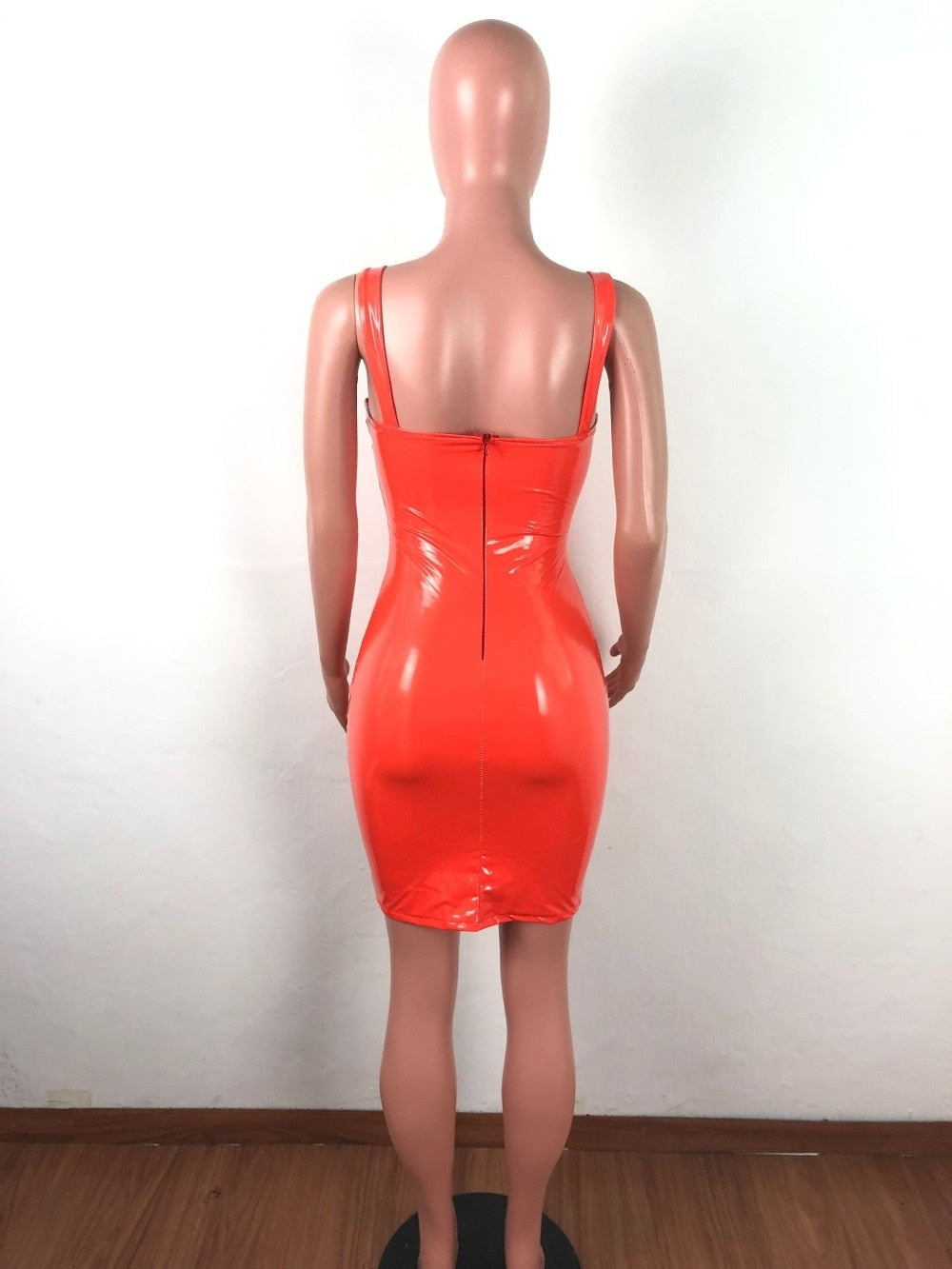 Pu Leather Spaghetti Strap Zippers Mini Dresses