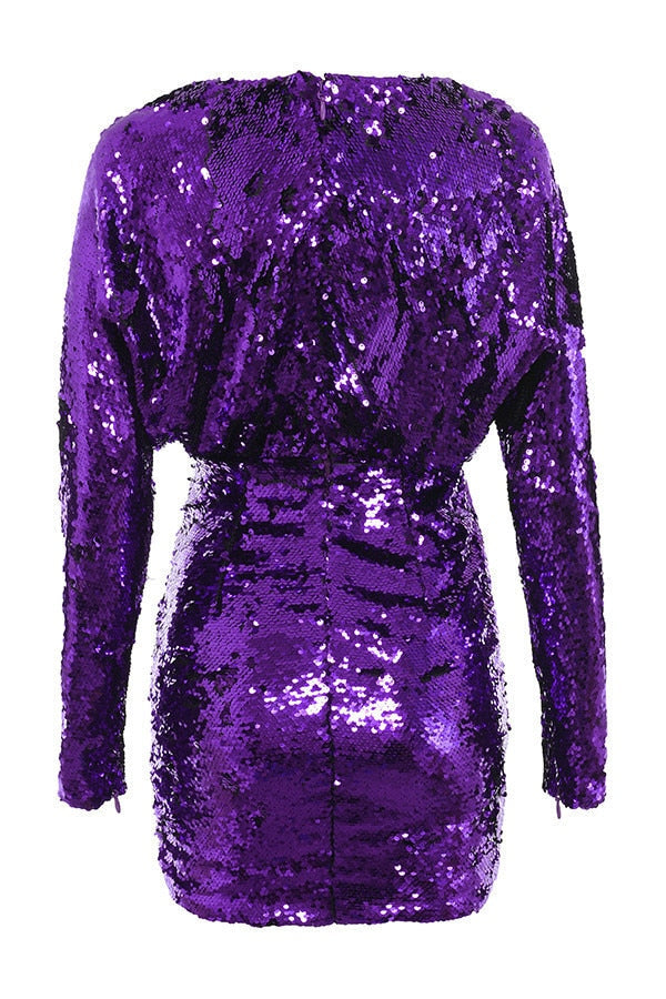 Purple Sequin Long Sleeve Wide V Bodycon Mini Dress