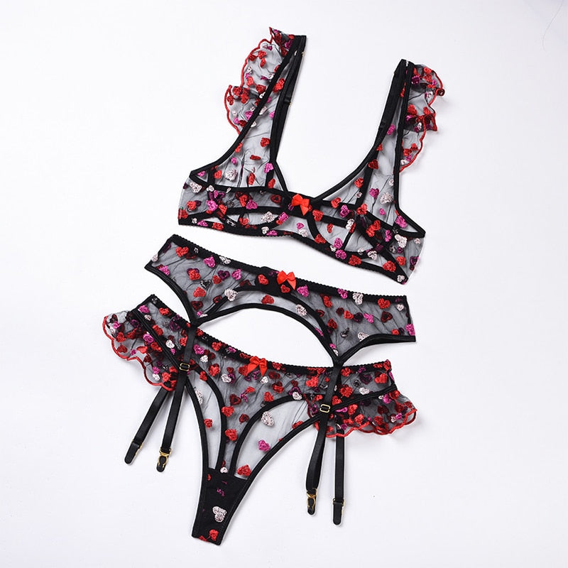 Black Mesh Heart Deep Plunge 3-piece Set