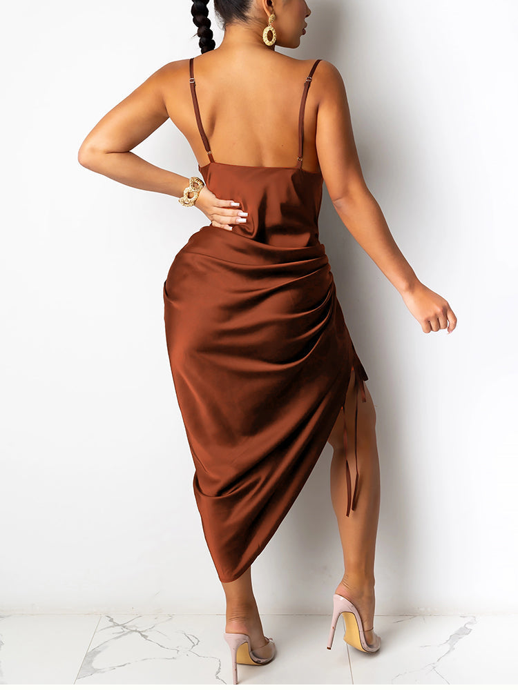 Satin Sleeveless Ruched Drawstring Midi Dresses