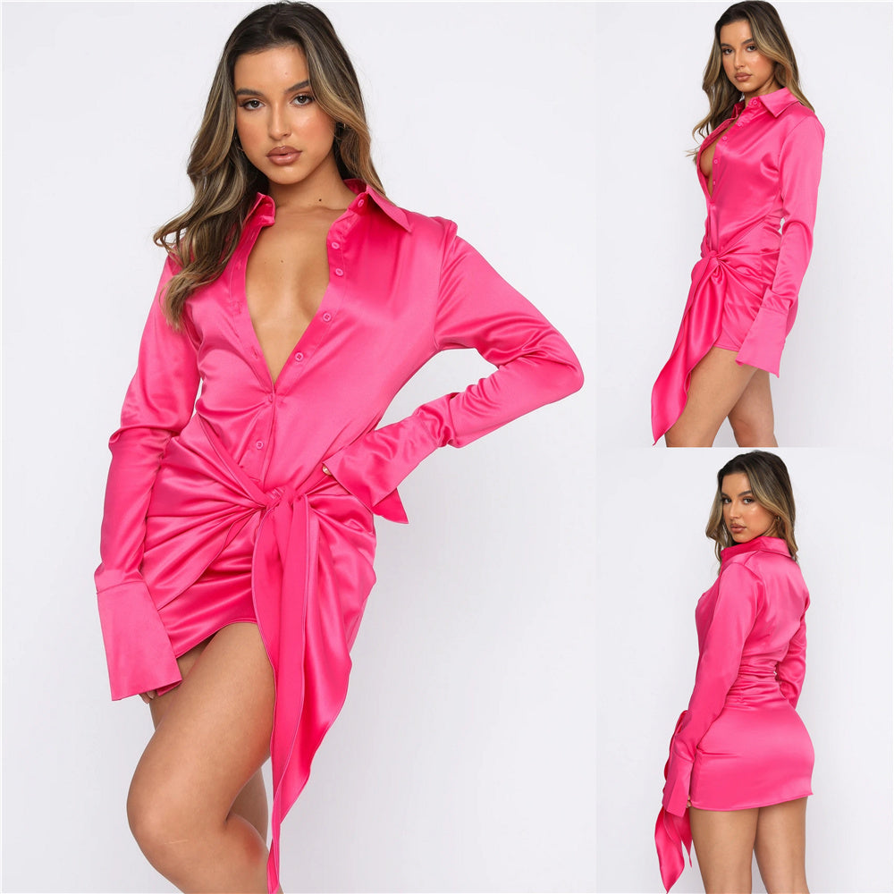 Satin Long Sleeve Bandage Mini Dresses