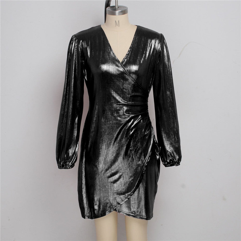 Glitter Metallic V-Neck Wrap Mini Dresses