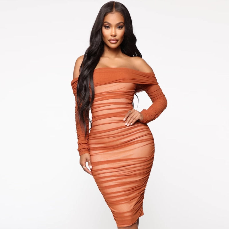 Double Layer Mesh Off Shoulder Dresses