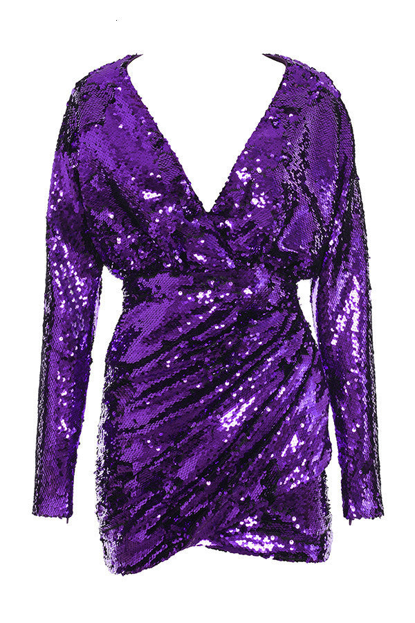 Purple Sequin Long Sleeve Wide V Bodycon Mini Dress