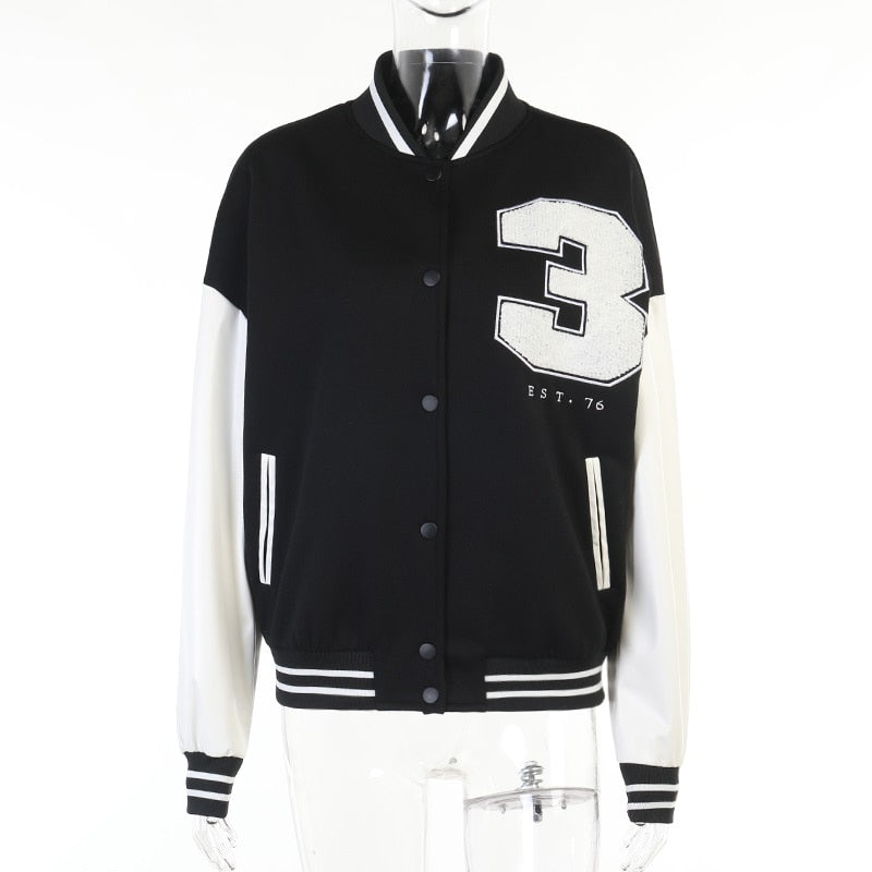 Black Embroidery Baseball Jacket With White Sleeves