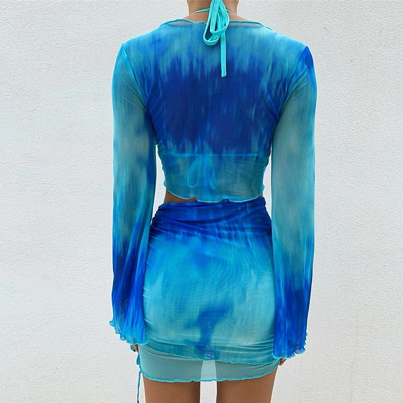 Tie Dye Sleeveless Backless Mini Dresses