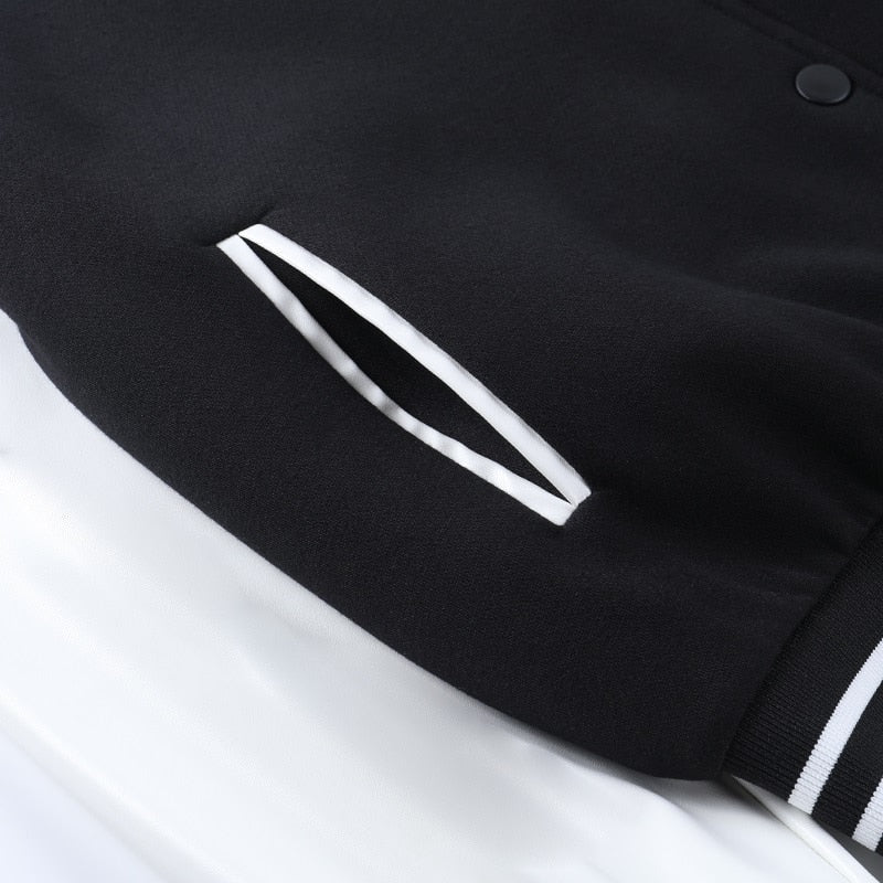 Black Embroidery Baseball Jacket With White Sleeves