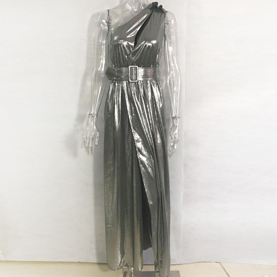 Silver One Shoulder Belted Maxi Dress