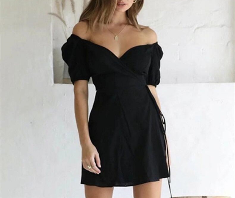 Black Front Wrap Short Sleeve Dress