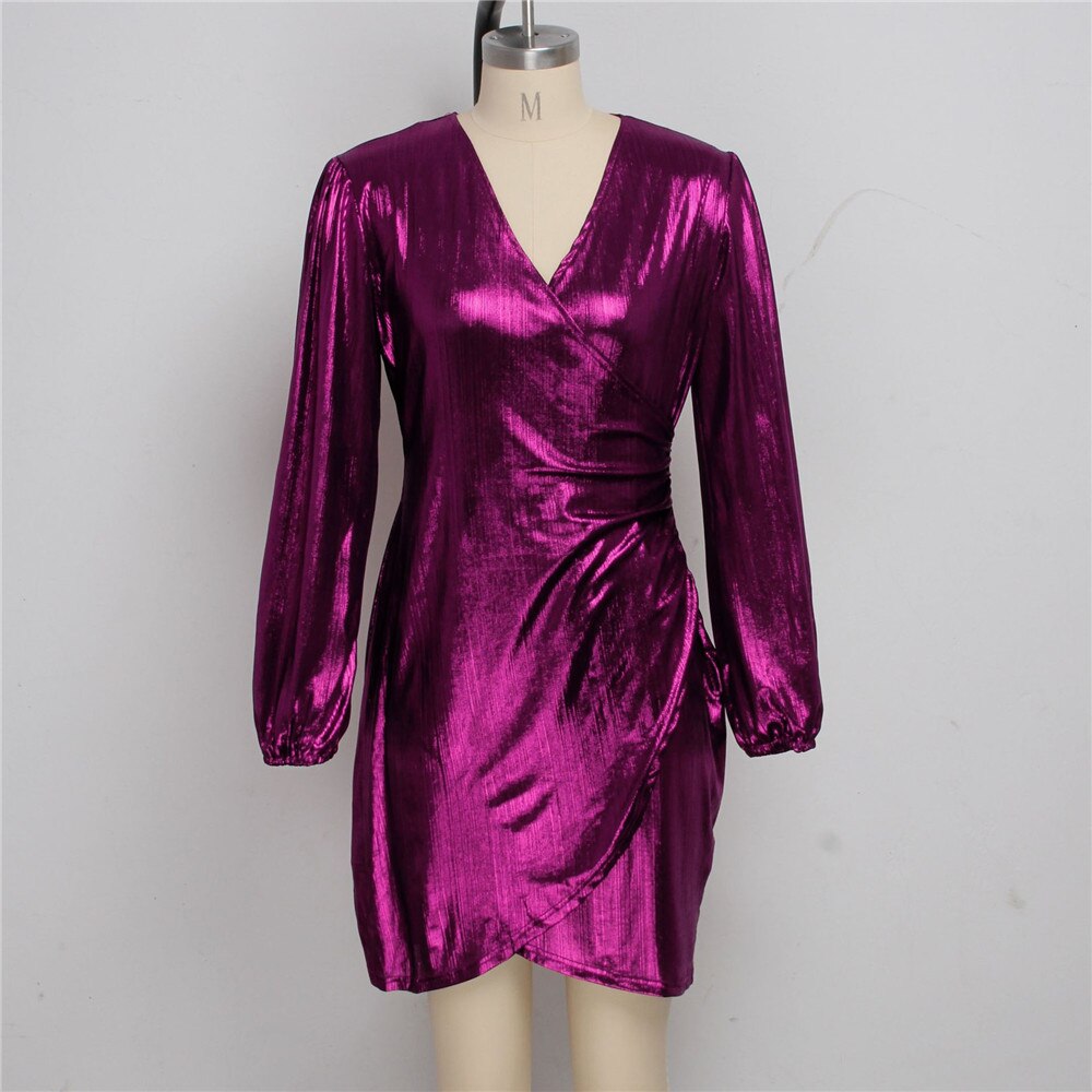 Glitter Metallic V-Neck Wrap Mini Dresses