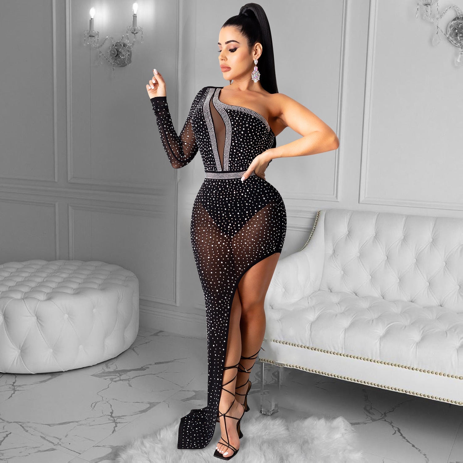 One Shoulder Mesh One Leg High Split Dresses