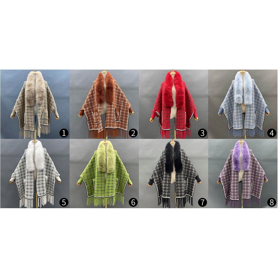 Real Fur Plaid Wool Tassel Ponchos