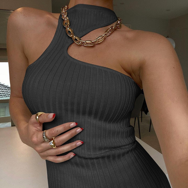 Ribbed One Shoulder High Neck Slit Midi Dress