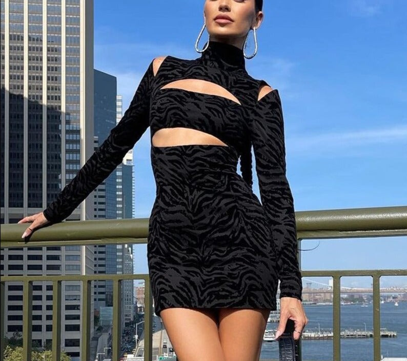 Black Animal Print Long Sleeve Turtleneck Dress