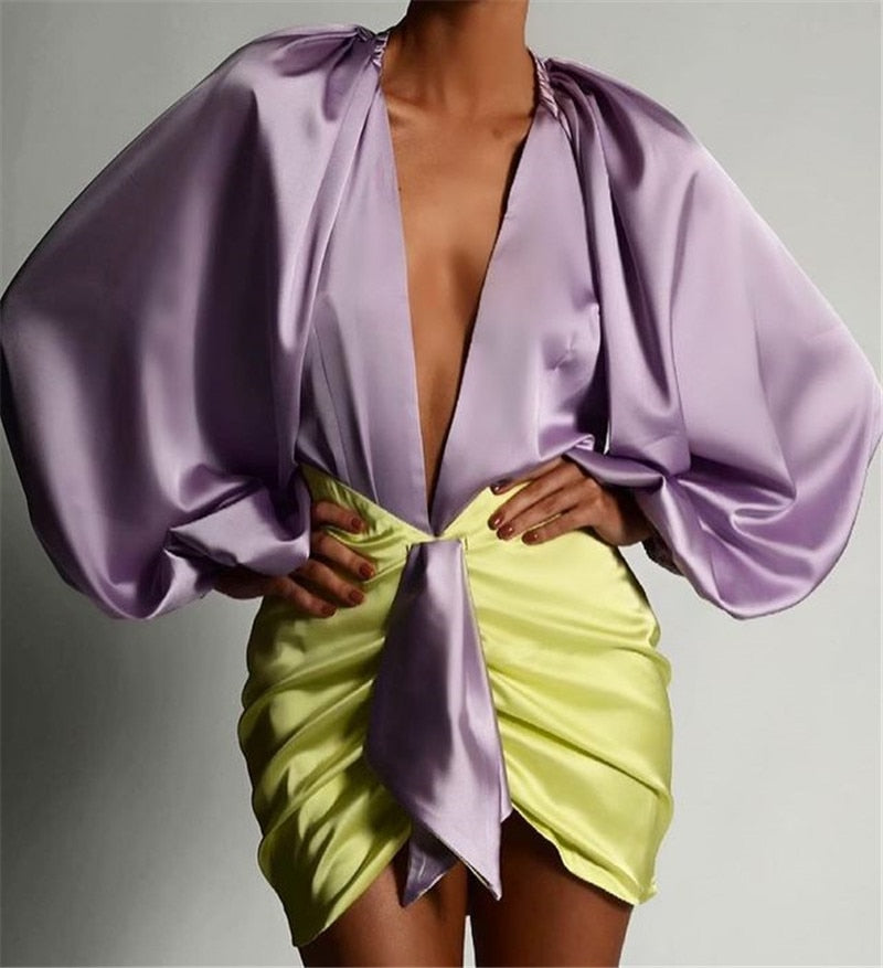 Satin Long Sleeve Deep V-neck Draped Skirt Two Piece Set