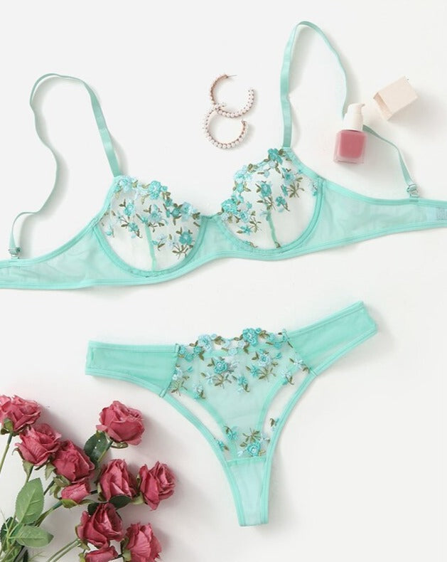 Floral Embroidery Transparent Lace 2 Piece Set