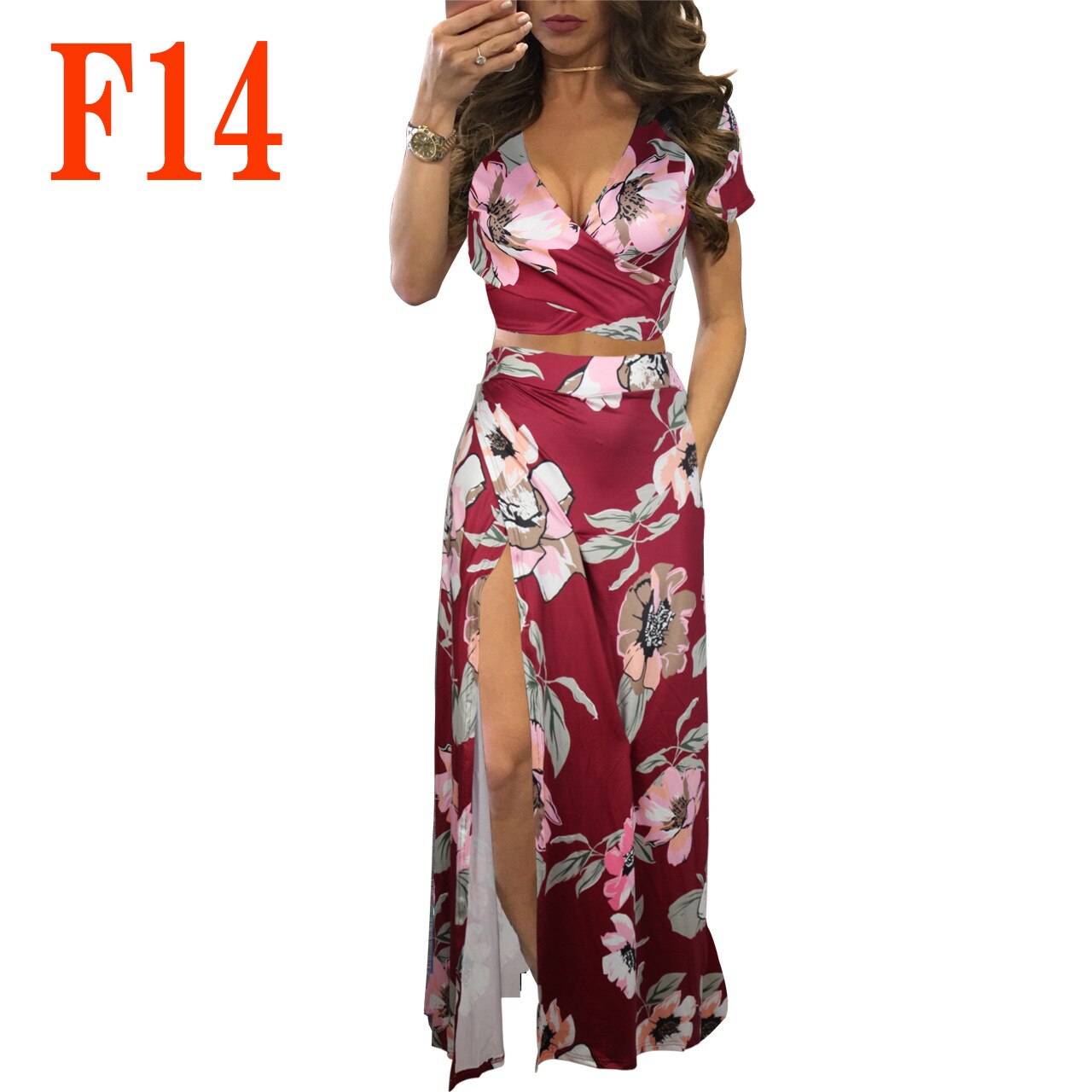 Floral Print Crop Top & Split Long Skirts