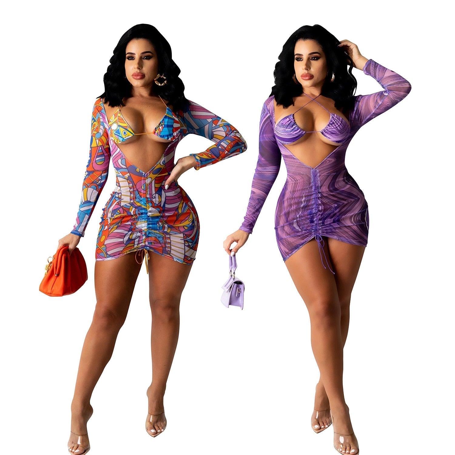 Mesh Bra Long Sleeve Mini Dresses