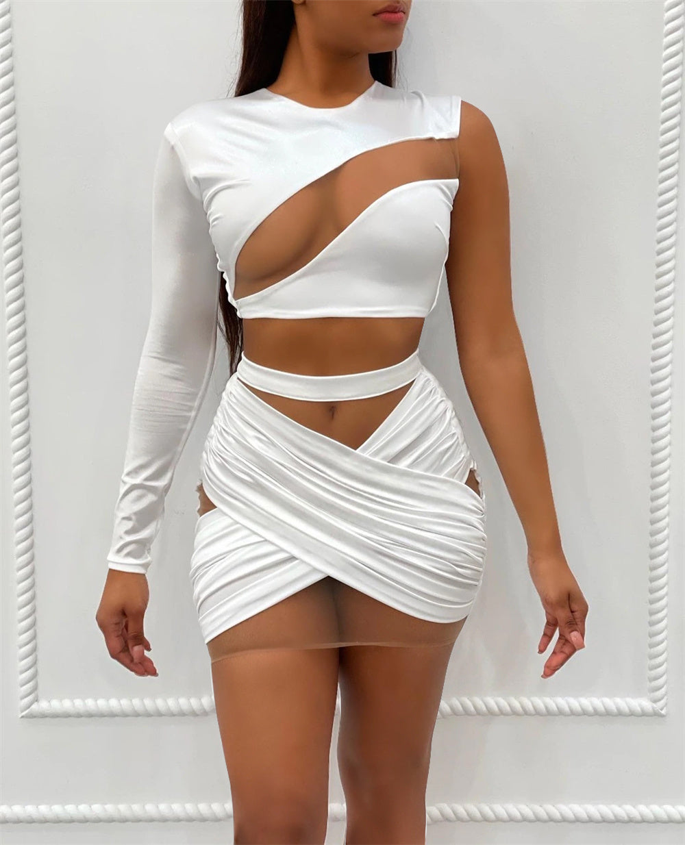 Mesh Hollow One Shoulder Crop & Bandage Mini Skirts