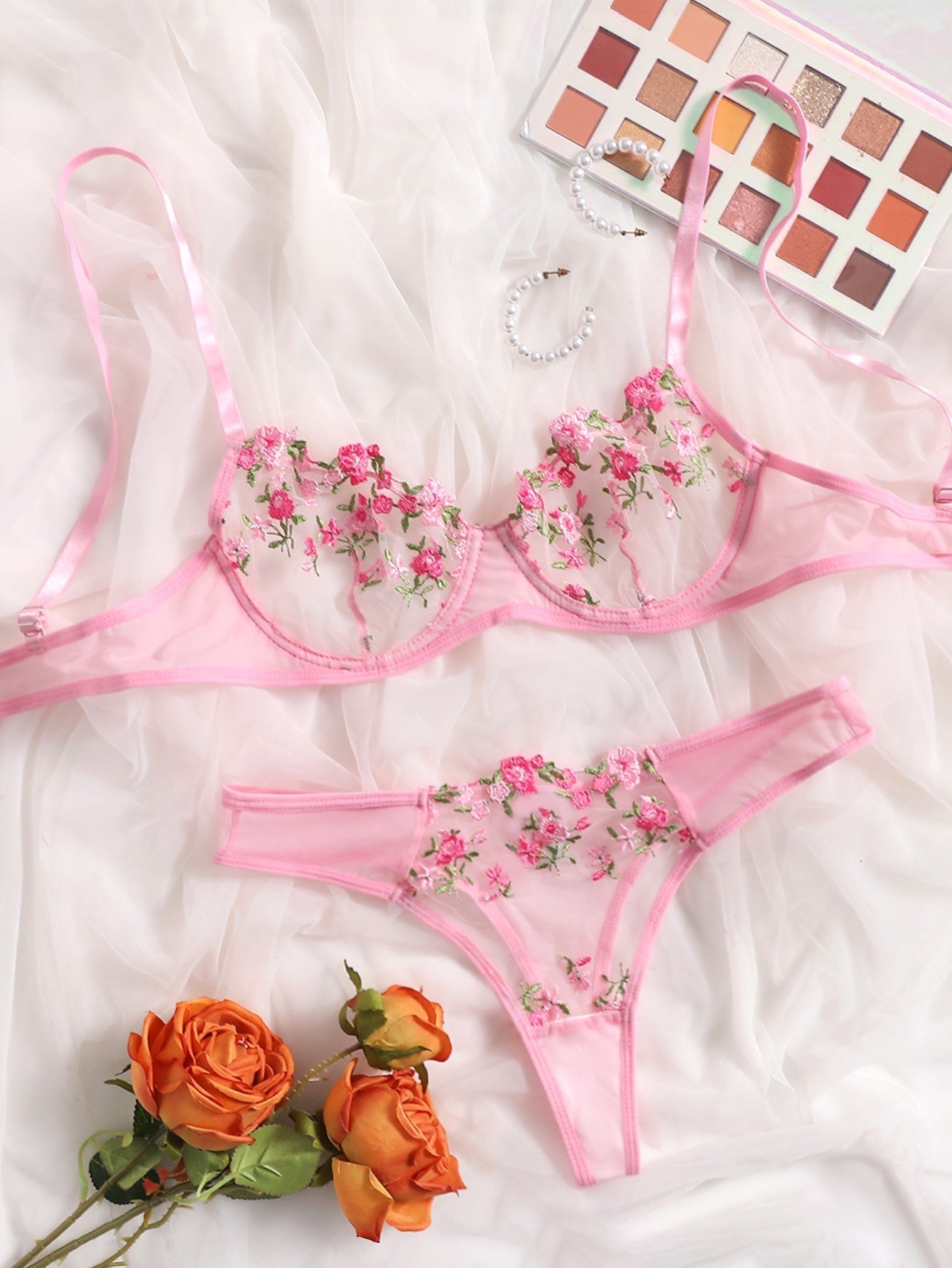 Floral Embroidery Transparent Lace 2 Piece Set