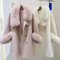 Cashmere Real Fox Fur Collar Loose Wool Coats