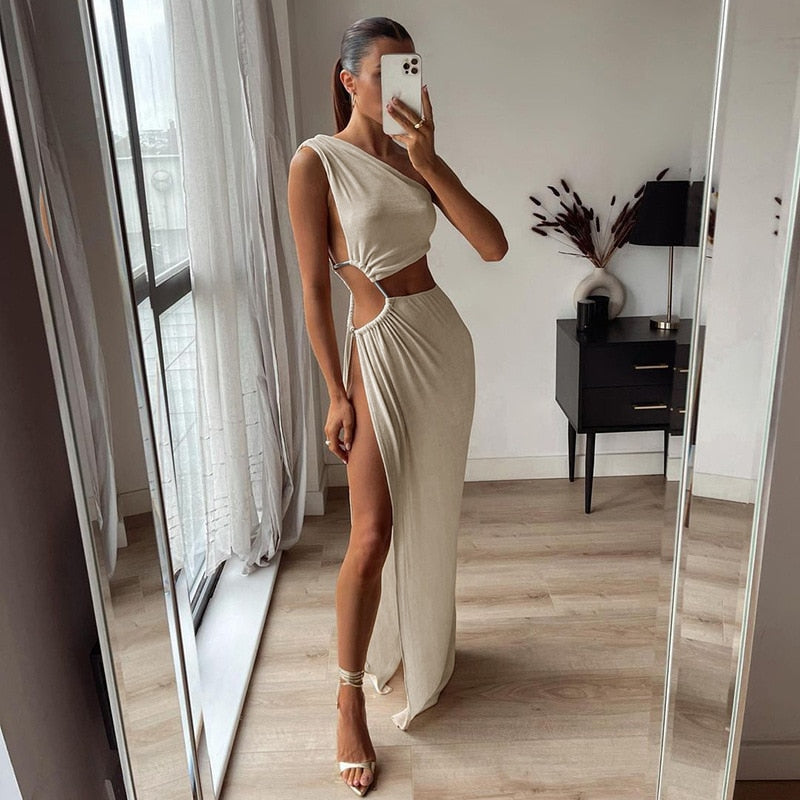 One Shoulder High Split O-Ring Long Maxi Dress