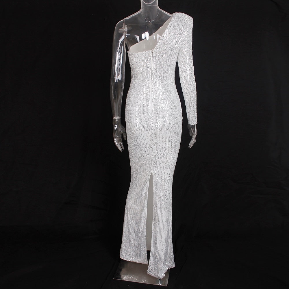 One Shoulder Silver Sequin One Sleeve Split Back Maxi Dress