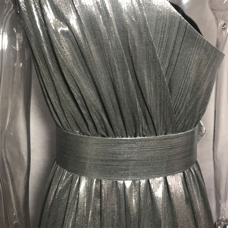 Silver One Shoulder Belted Maxi Dress