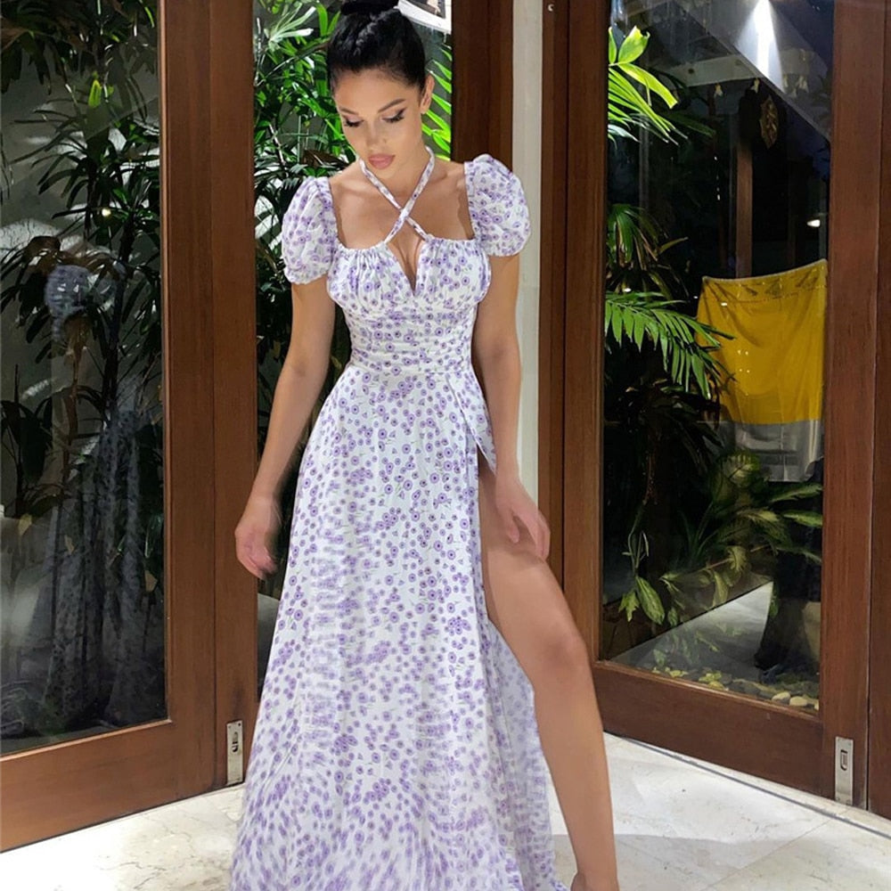 Floral Puff Sleeve Front Tie Midi Slit Dress