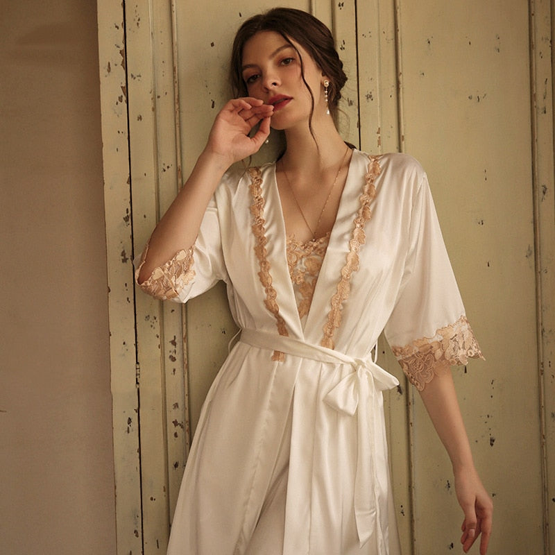 Lace Contrast Trim Night Slip Dress And Night Gown Sleepwear