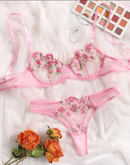 Floral Embroidery Transparent Lace 2 Piece Set