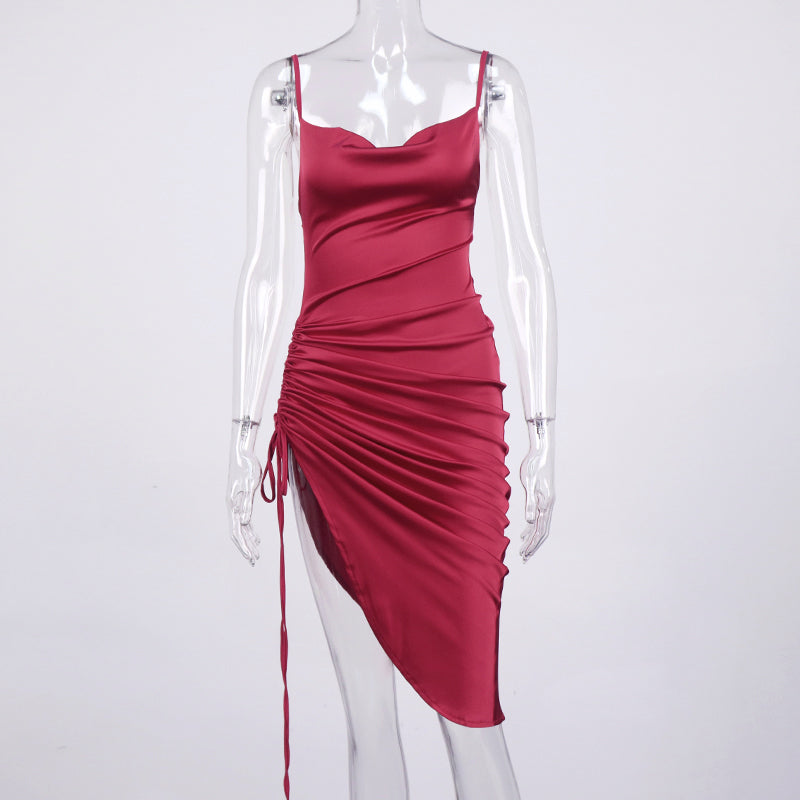 Satin Sleeveless Ruched Drawstring Midi Dresses