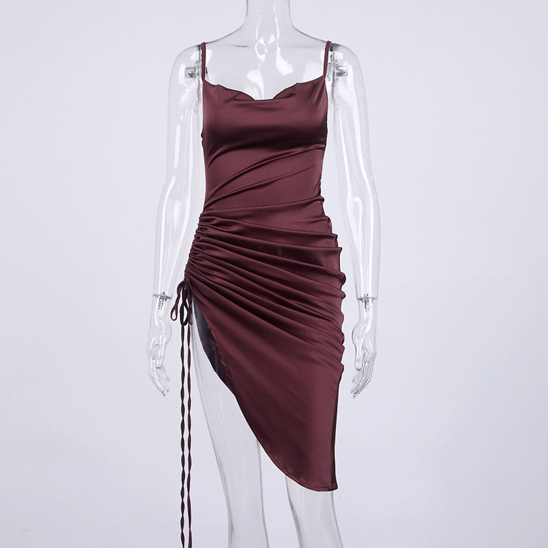 Satin Sleeveless Ruched Drawstring Midi Dresses