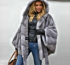 Batwing Sleeve Natural Gray Real Mink Fur Coats With Hood