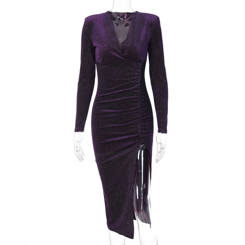 Sparkle Long Sleeve V Neck Side Slit Dresses