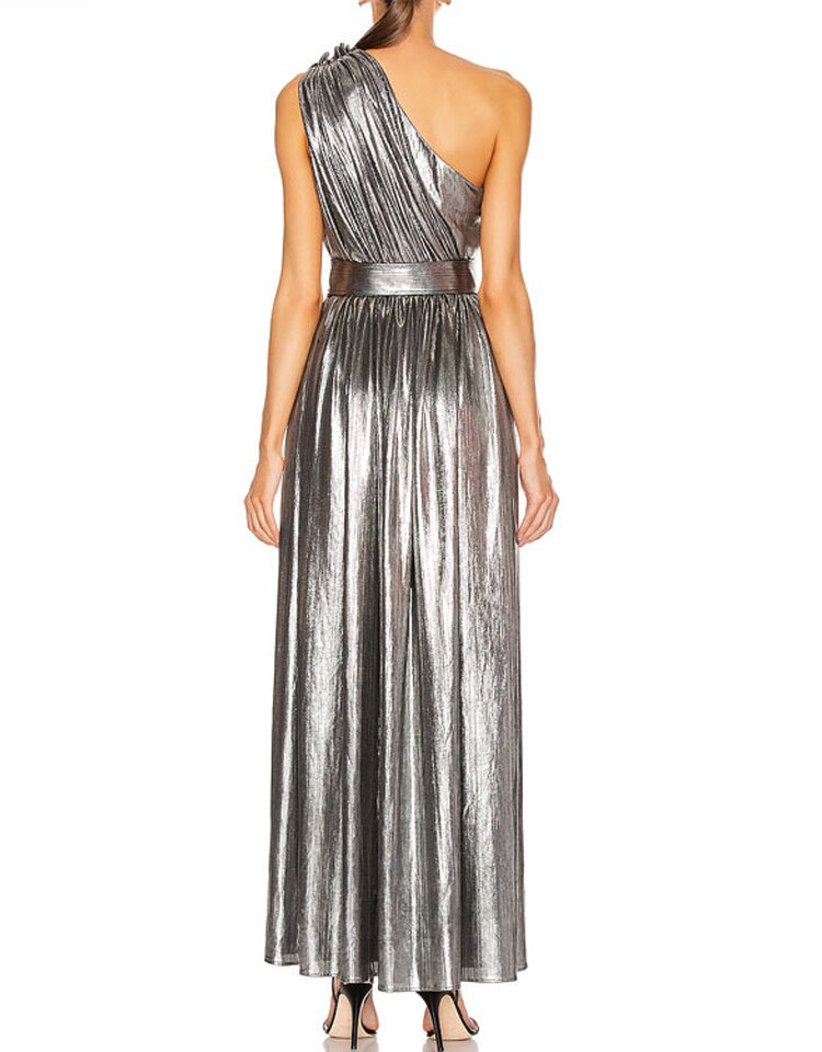 Silver One Shoulder Belted Maxi Dress